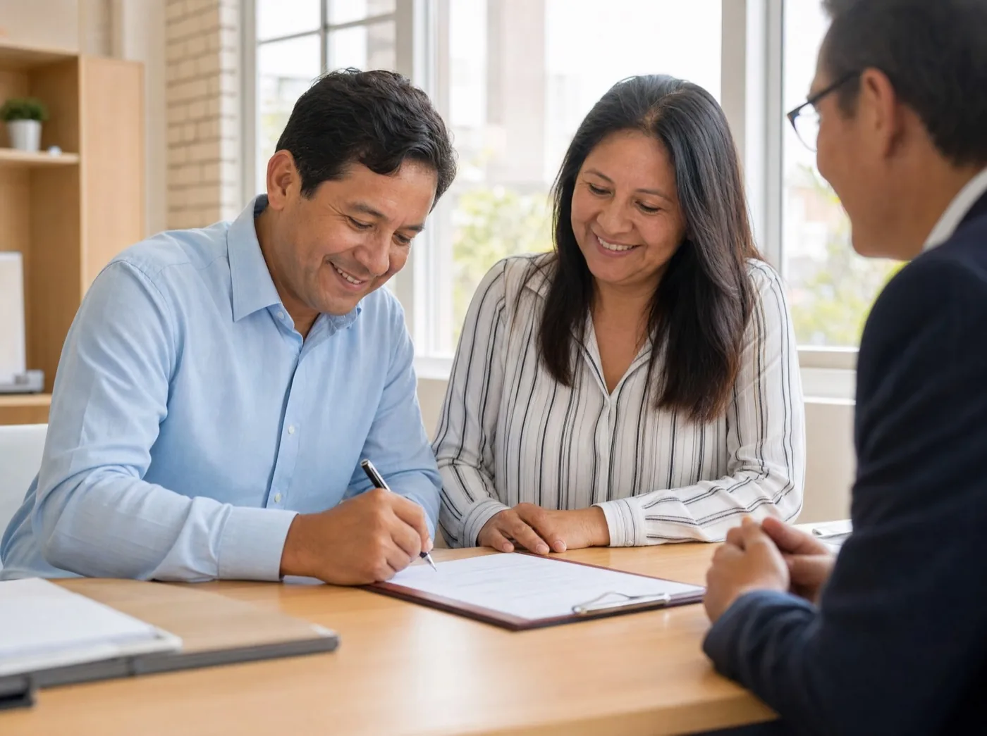 Pareja firmando el contrato en notaría