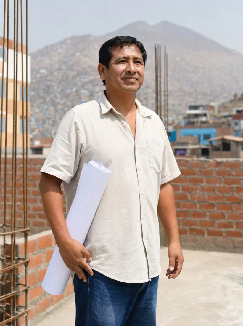 Hombre con planos en la construcción de su casa
