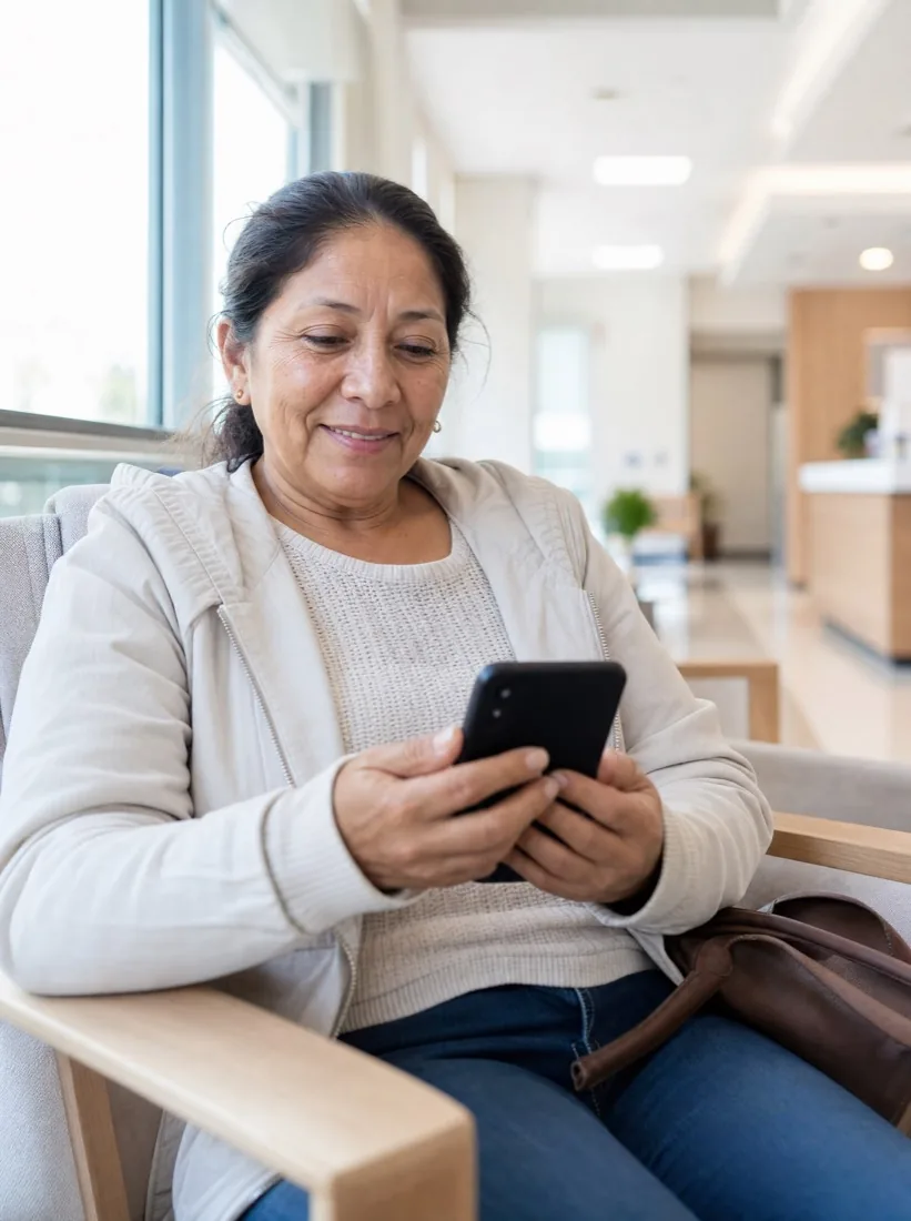 Mujer tranquila resolviendo un imprevisto de salud