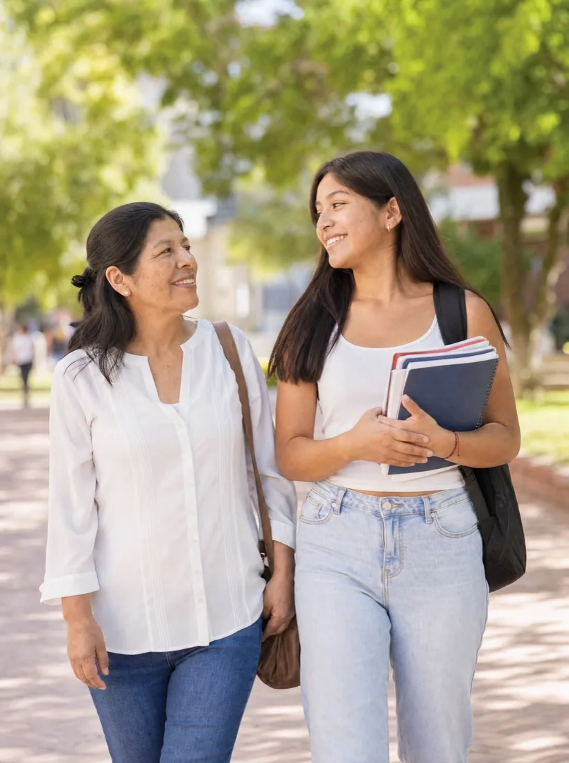 Madre e hija universitaria en el campus